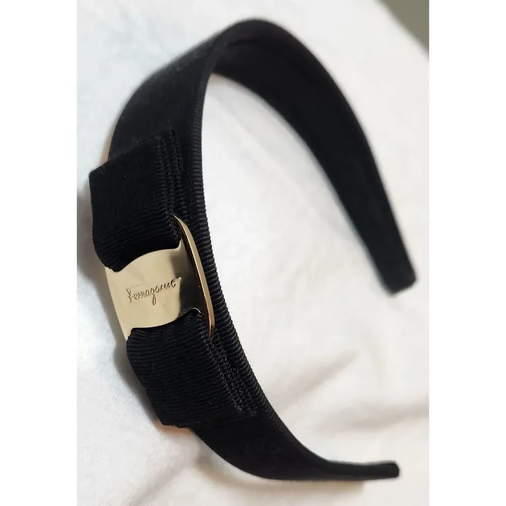 Ferragamo Vara Black Grosgrain Headband with Bow and Logo Hardware